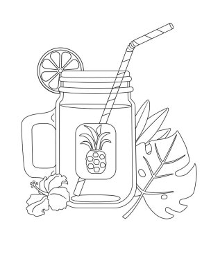 İçme için bir tüp ile bir cam şişe tropikal meyve taze suyu. Çiçekler ve tropikal bitkiler yaprakları ile süslenmiş içecekler için Ware. Sağlıklı yaşam tarzı ve ekolojik gıda.