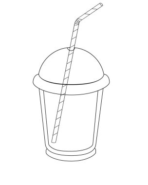 Bir kapak ve bir içme saman ile boş şeffaf plastik cam. Tek kullanımlık plastik sofra takımları. Cam-vektör doğrusal görüntü. Anahat