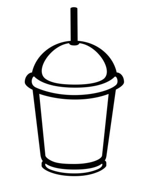 Plastik fincan - logo, işaret veya simge. Kapaklı tek kullanımlık cam ve bir içme pipeti.