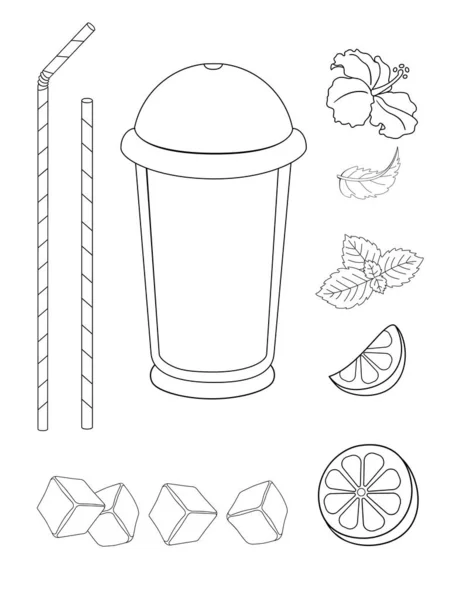 用于创造和装饰饮料 柠檬水 茶或莫吉托 一个玻璃杯盖 喝稻草 柠檬和薄荷叶 冰立方饮料和木瓜花 — 图库矢量图片