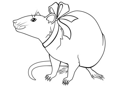 Bir festival yay ile Sevimli dekoratif sıçan - boyama için doğrusal vektör illüstrasyon. Çin Yeni Yılı 2020 sembolü sıçan.