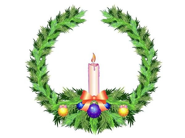 Christmas wreath - decoration on the door - stock illustration. Christmas wreath from a Christmas tree with a candle, bow and Christmas balls.