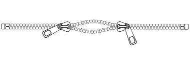 Yatay fermuar iki sürgü, biraz aralık. Yarım açık fermuar toka - boyama için vektör doğrusal resim.