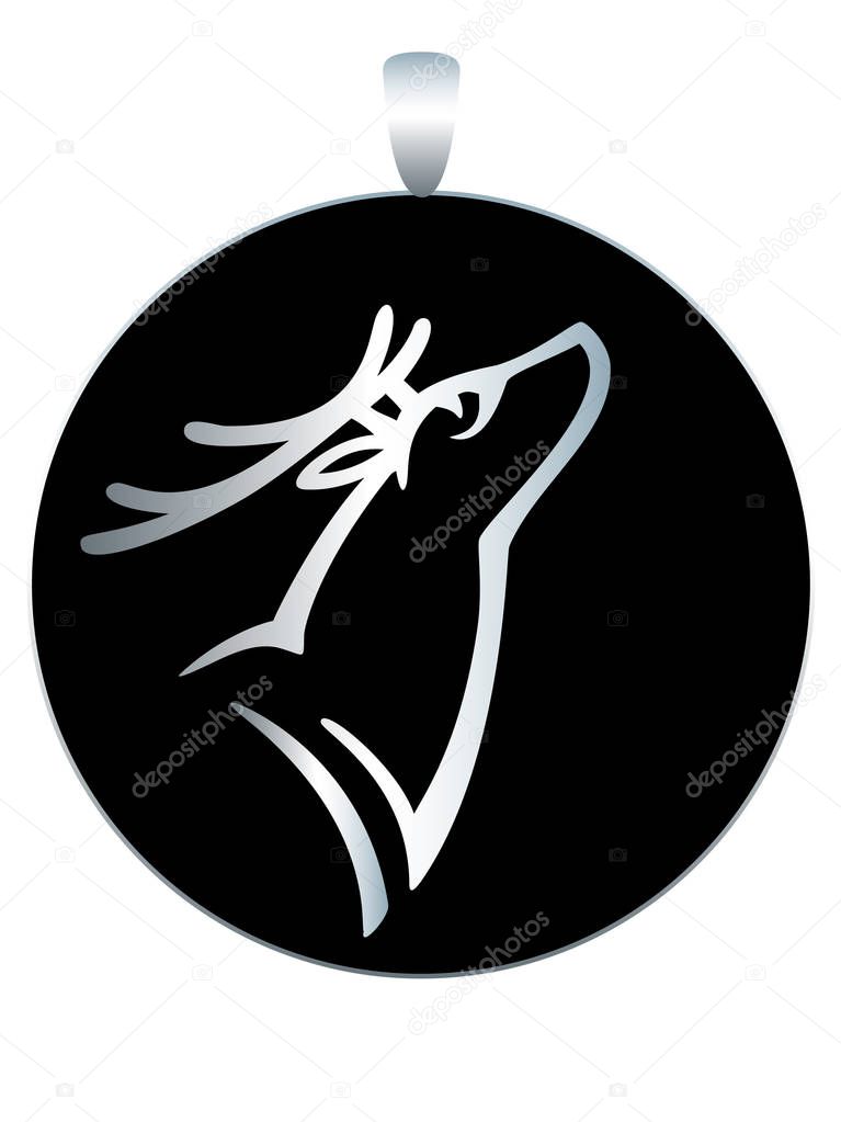 Round silver medallion - pendant with black enamel and a deer image - stock illustration. Jewelry with the image of a deer head.
