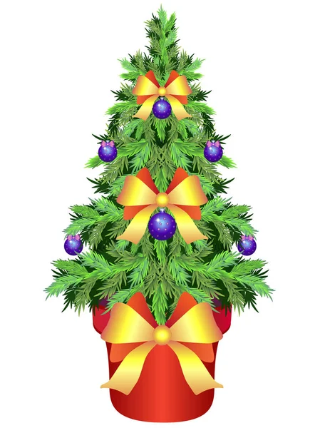 Çiçek saksısında Noel ağacı. Noel topları ve kurdelelerle süslenmiş bir saksının içindeki küçük, yeşil bir ağaç. Canlı Noel ağacı çevre dostu seçeneği. Kozalaklı - Stok illüstrasyonu.