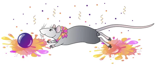 Cute Gray Decorative Rat Bow His Neck Plays Ball Bright — Stock Vector