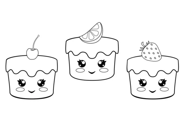 Kirazlı, limonlu ve çilekli üç tatlı kawaii keki. Gözleri, yanakları ve ağızları olan kekler - şirin tatlılar - boyama için vektör doğrusal resimler.