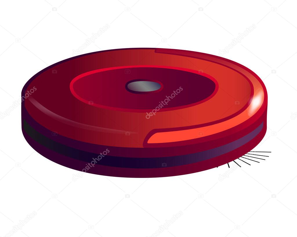 Red, round robot vacuum cleaner - vector full color picture. Robotic, wireless, self-contained red vacuum cleaner. Vacuum cleaner and floor cleaner - household appliances.