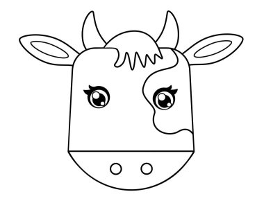 İnek kafası - renklendirme için doğrusal vektör çizimi. Özet geç. Bir boğa başı - sembol 2021 - bir çocuk boyama kitabı için element.