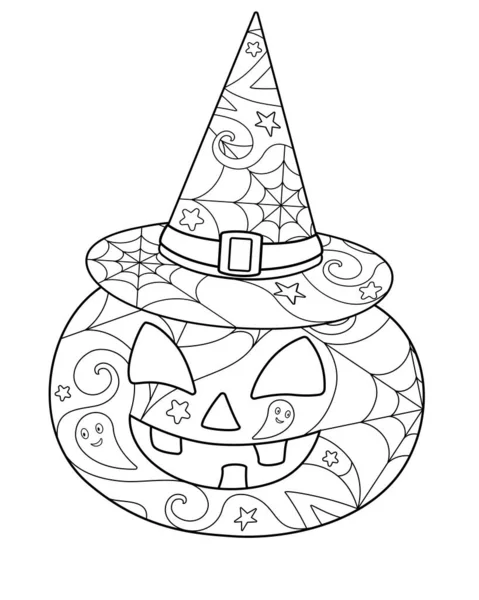 Halloween Pumpkin Witch Hat Coloring Antistress Vector Linear Picture Coloring — Stock Vector