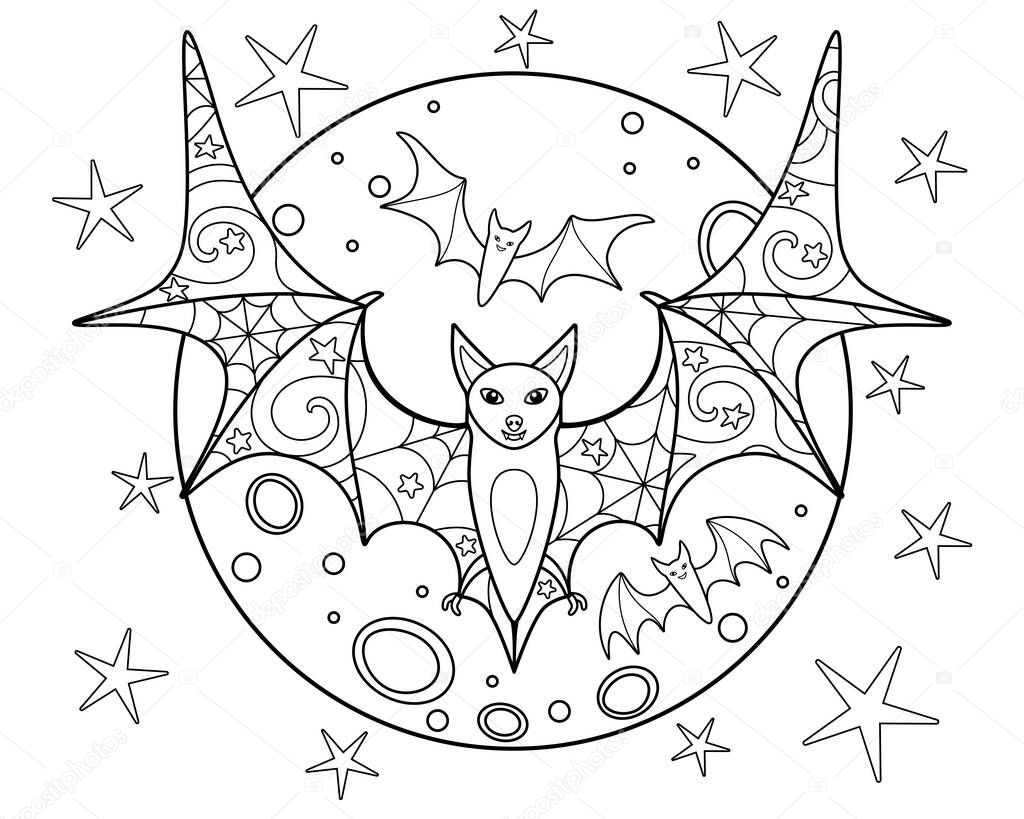 Bats on the background of the moon - coloring antistress - vector linear picture for coloring. Three bats - with anti-stress patterns. Outline.