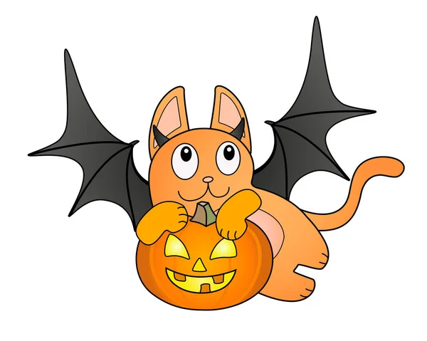 Mignon Chat Roux Dans Costume Chauve Souris Porte Une Citrouille — Image vectorielle