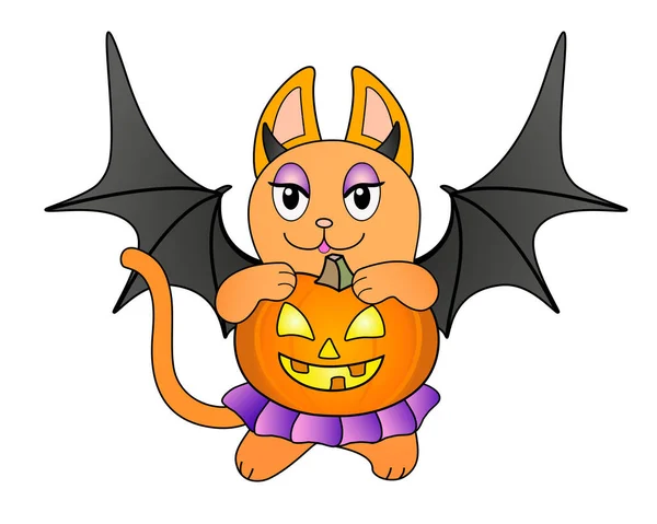 Chaton Roux Costume Chauve Souris Porte Une Citrouille Illustration Vectorielle — Image vectorielle