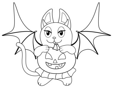 Yarasa kostümlü kedi kız ve patilerinde balkabağı olan bir etek boyama için vektör doğrusal resim. Cadılar Bayramı 'nda Jack' in feneri ve yarasa kanatları olan bir kedi resmi boyama elementi. Özet.