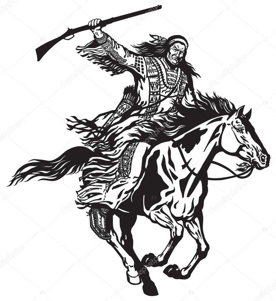 American native Indian man holding a rifle and riding a pinto colored pony horse in the gallop . Nomadic horseman warrior or hunter on a mustang in the gallop .Black and white isolated vector illustration