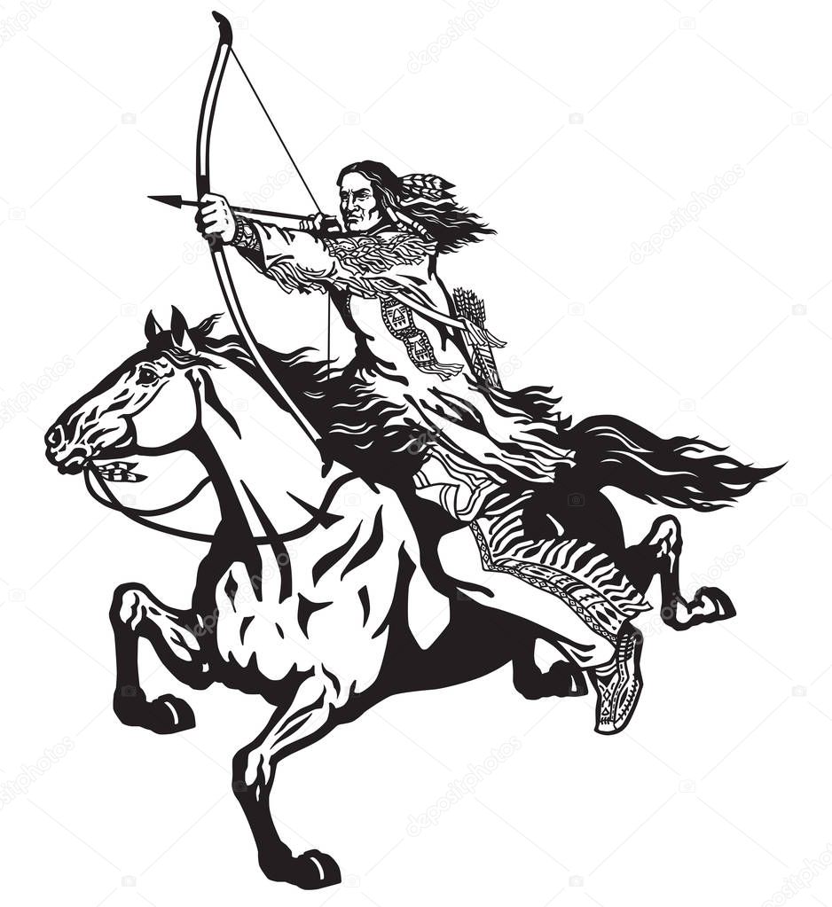 American native Indian archer on a horseback riding a pony horse and shooting a bow and arrow . Nomadic horseman warrior or hunter on a mustang in the gallop . Black and white isolated vector illustration