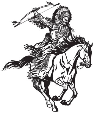 Bir tüy savaş bone ve bir mustang midilli Binicilik dörtnala içinde Amerikan yerli Kızılderili şef. Göçebe atlı okçu savaşçı ya da bir at üzerinde oturan ve bir yay tutan avcı. Siyah ve beyaz vektör illüstrasyon izole 