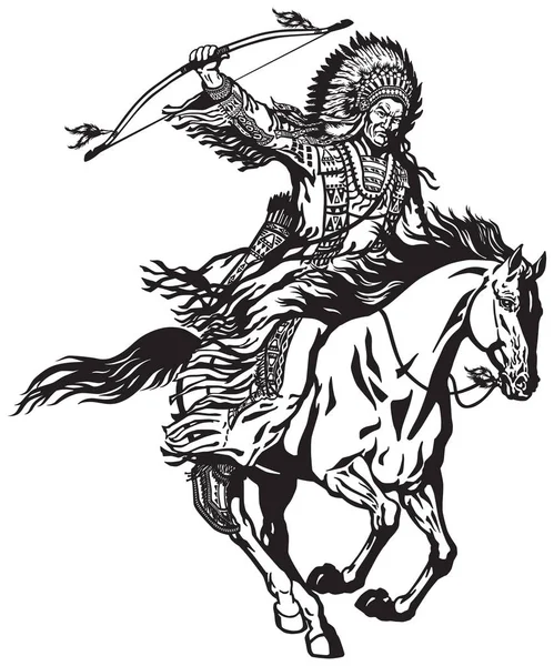 アメリカ ネイティブ インディアンの酋長羽ウォー ボンネットを身に着けていると ギャロップでマスタング ポニー乗馬します 遊牧騎士アーチャー戦士やハンター 馬に乗って座っていると 弓を持ちます 黒と白のベクトル図を分離しました — ストックベクタ