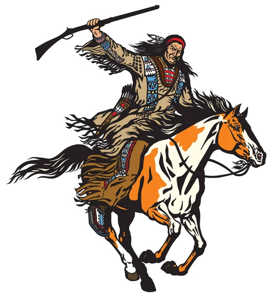 American Native Indian Man Holding Rifle Riding Pinto Colored Pony — Stock Vector