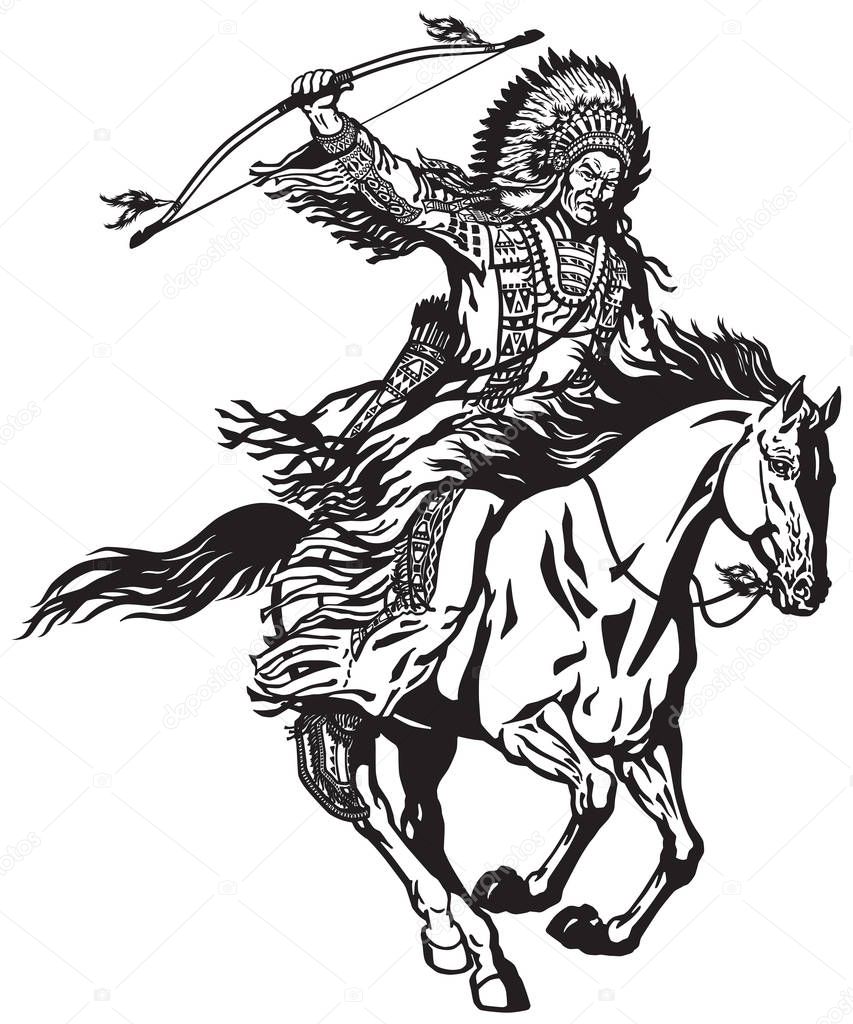 American native Indian chief wearing a feather war bonnet and riding a mustang pony horse in the gallop. Nomadic horseman archer warrior or hunter sitting on a horseback and holding a bow . Black and white isolated vector illustration 