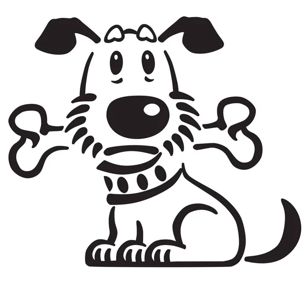 Cartoon Puppy Hondje Met Een Been Zijn Mond Zwart Wit — Stockvector
