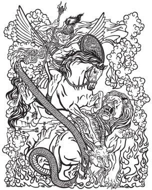 mitolojik kahraman Bellerophon veya ilahi kanatlı at Pegasus Binicilik ve öldürmek canavar yaratık Chimera olarak yargılanmıştır. Antik Yunan mitolojisinde. Siyah-beyaz grafik vektör çizim. Boyama sayfası