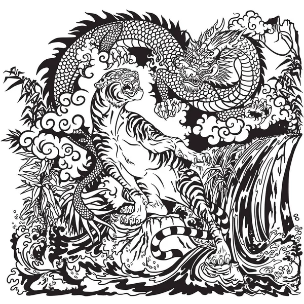 Chinese dragon and tiger in the landscape with waterfall , rocks ,plants and clouds . Two spiritual creatures in the Buddhism representing the spirit heaven and matter earth. Black and white graphic style vector illustration