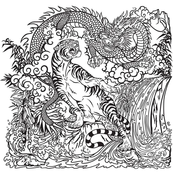 Chinese dragon and tiger in the landscape with waterfall , rocks ,plants and clouds . Two symbolic creatures in the Feng Shui representing the spirit heaven and matter earth. Graphic style vector illustration. Coloring page