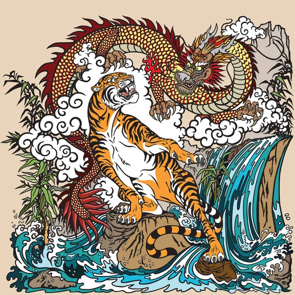 Chinese dragon and tiger in the landscape with waterfall , rocks ,plants and clouds . Two spiritual creatures in the Buddhism representing the spirit heaven and matter earth. Graphic style vector illustration