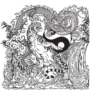 Çince dragon tiger şelale, kayalar, bitkiler ve bulutlar ve yatay olarak karşı. Budizm iki manevi yaratıklar. Siyah ve beyaz vektör çizim Yin Yang sembolü dahil