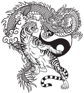 Çince dragon tiger karşı. Siyah ve beyaz dövme vektör çizim Yin Yang sembolü dahil