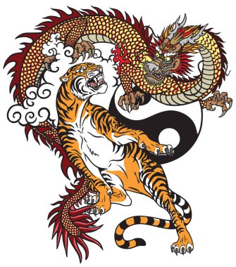 Çince dragon tiger karşı. Yin Yang sembolü dövme vektör çizim dahil