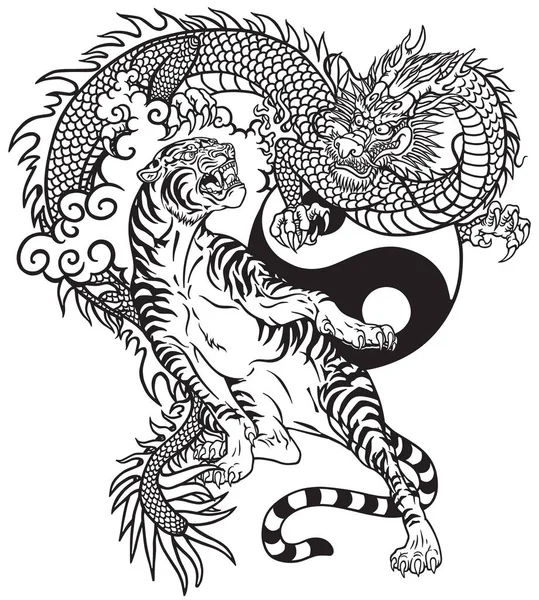 Chinese Dragon Tiger Black White Tattoo Vector Illustration Included Yin — Stock Vector