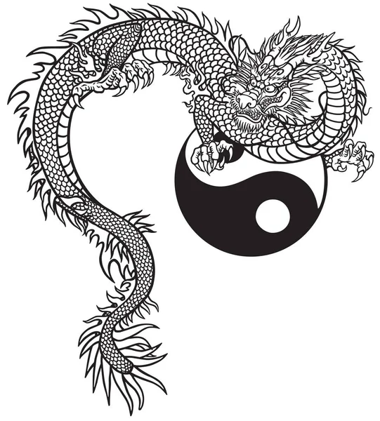 东方龙和阴阳象征 黑白轮廓纹身矢量插图 — 图库矢量图片