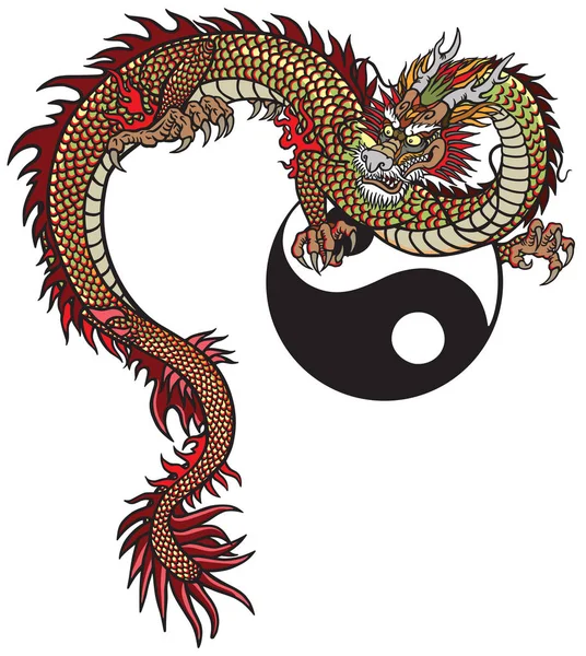 Östlicher Drache Und Yin Yang Symbol Tätowierung Vektor Illustration — Stockvektor