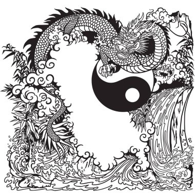 Çince dragon şelale, kayalar, bitkiler ve bulutlar bir manzara içinde. Vektör çizim Yin Yang sembolü dahil. Siyah ve beyaz boyama sayfası