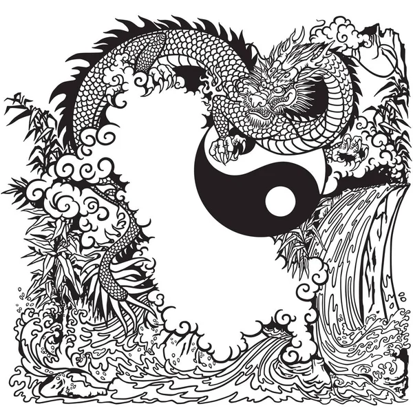 Dragon Chinois Dans Paysage Avec Cascade Rochers Plantes Nuages Illustration — Image vectorielle