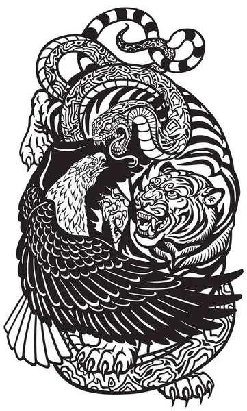 老鹰蛇和老虎 三精神象征动物 黑白纹身风格矢量插画 — 图库矢量图片