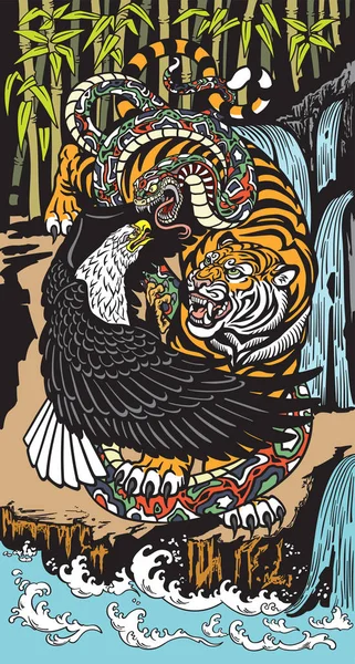 Águila Tigre Lucha Serpientes Animales Salvajes Simbólicos Paisaje Ilustración Vectorial — Vector de stock