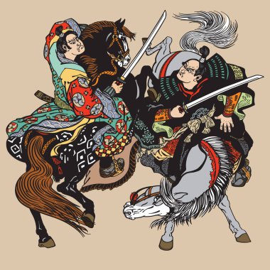 Japon samurai warriors mücadele. Midilli at üzerinde oturan ve kılıç ile mücadele iki atlı askerler. Vektör çizim