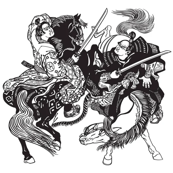 つの日本の武士の間で戦闘 ポニー馬に座っていると剣との戦いの兵士の騎手 黒と白のベクトル図 — ストックベクタ