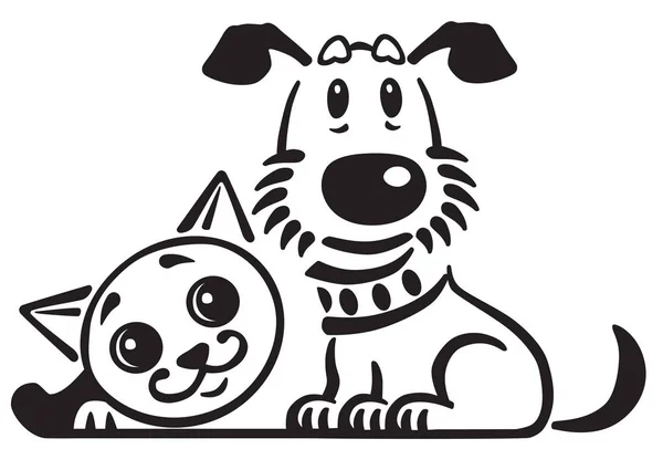Cartoon Valp Hund Och Katt Logotyp Ikon Emblem Svart Och — Stock vektor