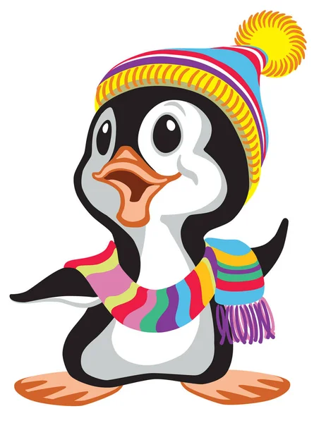 Cartoni Animati Pinguino Indossa Una Sciarpa Colorata Maglia Cappello Illustrazione — Vettoriale Stock