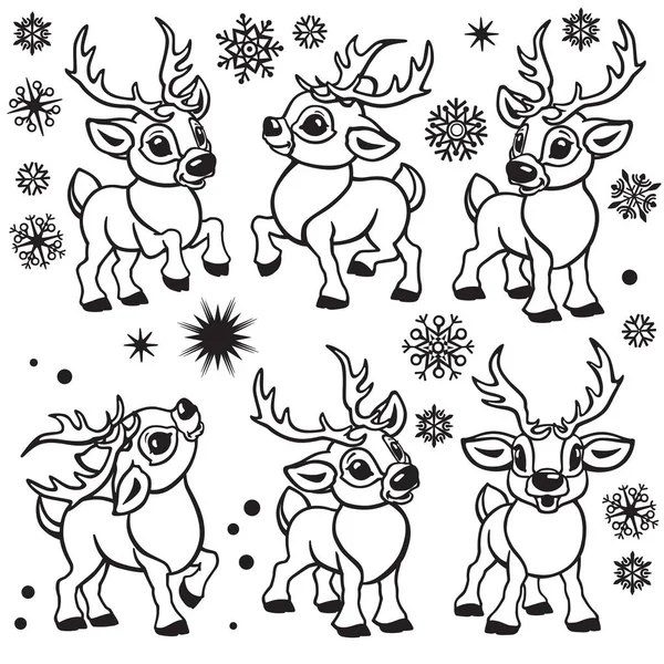 トナカイのセットです さまざまなポーズで面白いクリスマス小さなカリブー鹿の漫画コレクション 赤ちゃんや小さな子供のための黒と白のアウトライン ベクトル イラスト — ストックベクタ