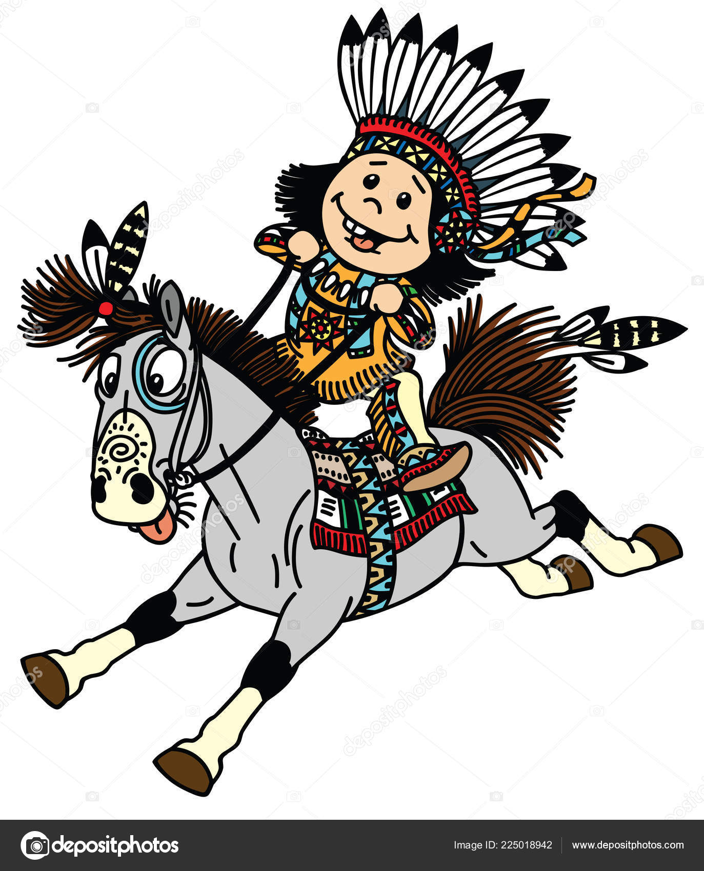 Cartoon Native Indian Boy Wearing Feather War Bonnet Riding Cheerful Stock  Vector Image by ©insima #225018942
