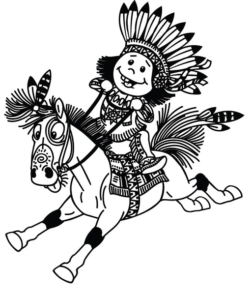 ネイティブ インドの衣装を着て マスタング ポニー馬に乗って子供の漫画 アメリカ インディアンで遊ぶ少年ライダー 黒と白のアウトライン ベクトル図 — ストックベクタ
