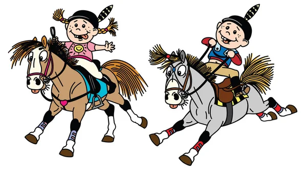漫画の男の子とギャロップ ポニー馬に乗る女の子 子供乗馬乗馬キャンプや休暇 馬術スポーツは面白い ベクトル図 — ストックベクタ