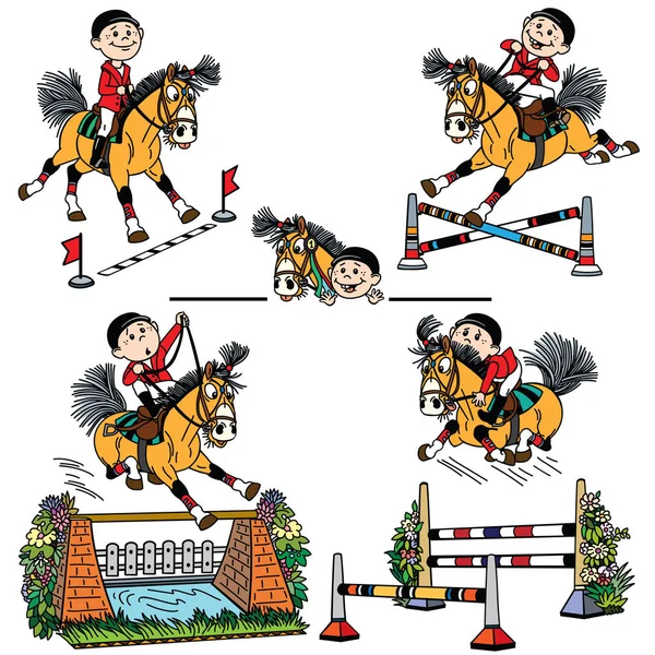 Cartoon Jongen Rijden Een Paard Pony Springt Obstakel Springruiter Competitie — Stockvector