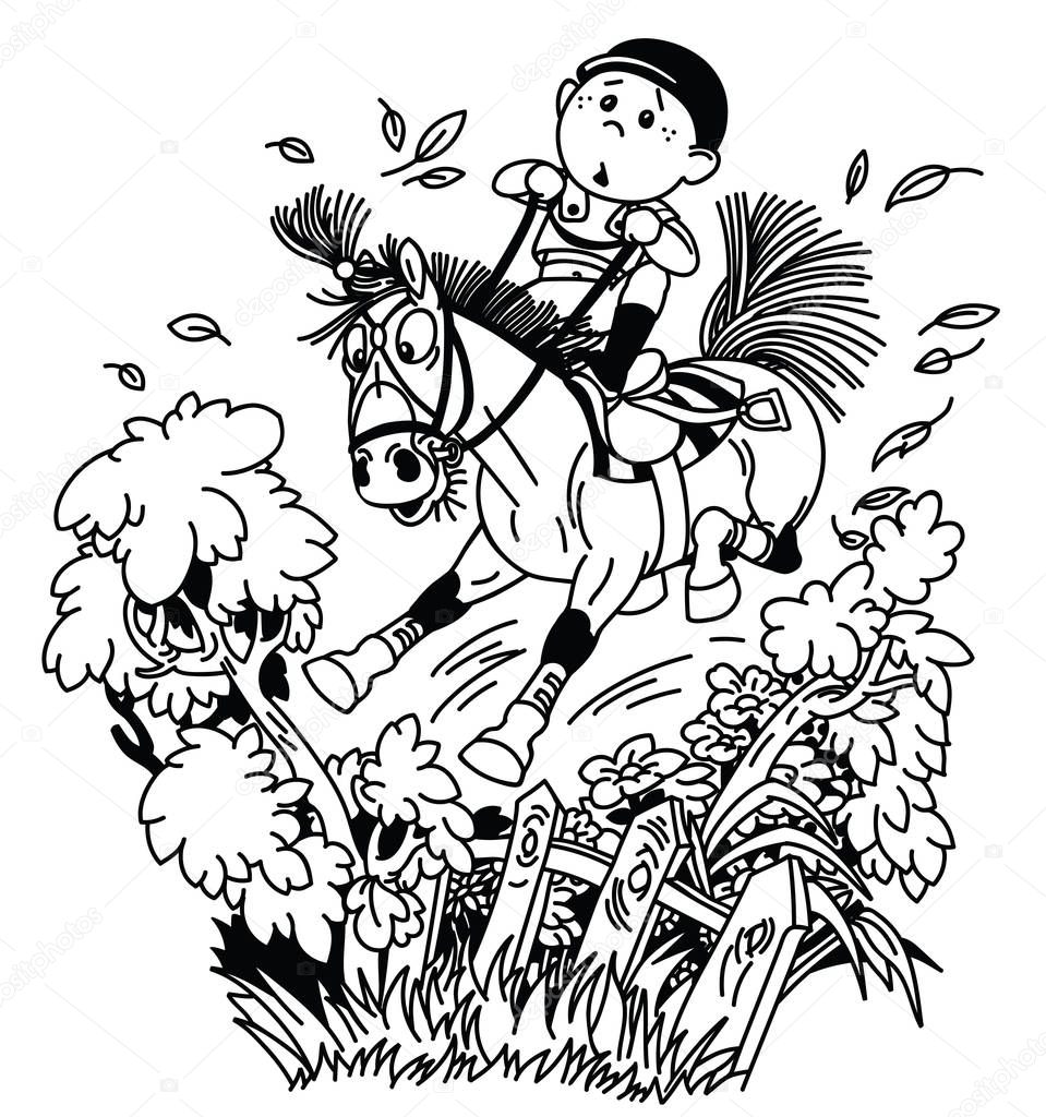 cartoon kid jockey riding his pony horse and training to jump over fence. Funny equestrian cross country jumping sport. black and white outline vector illustration 