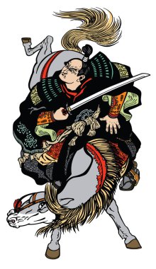 Midilli at binme ve bir kılıç tutan Japon samurai süvari. Ortaçağ Asya savaşçı bir at sırtında. İzole dövme stil vektör çizim